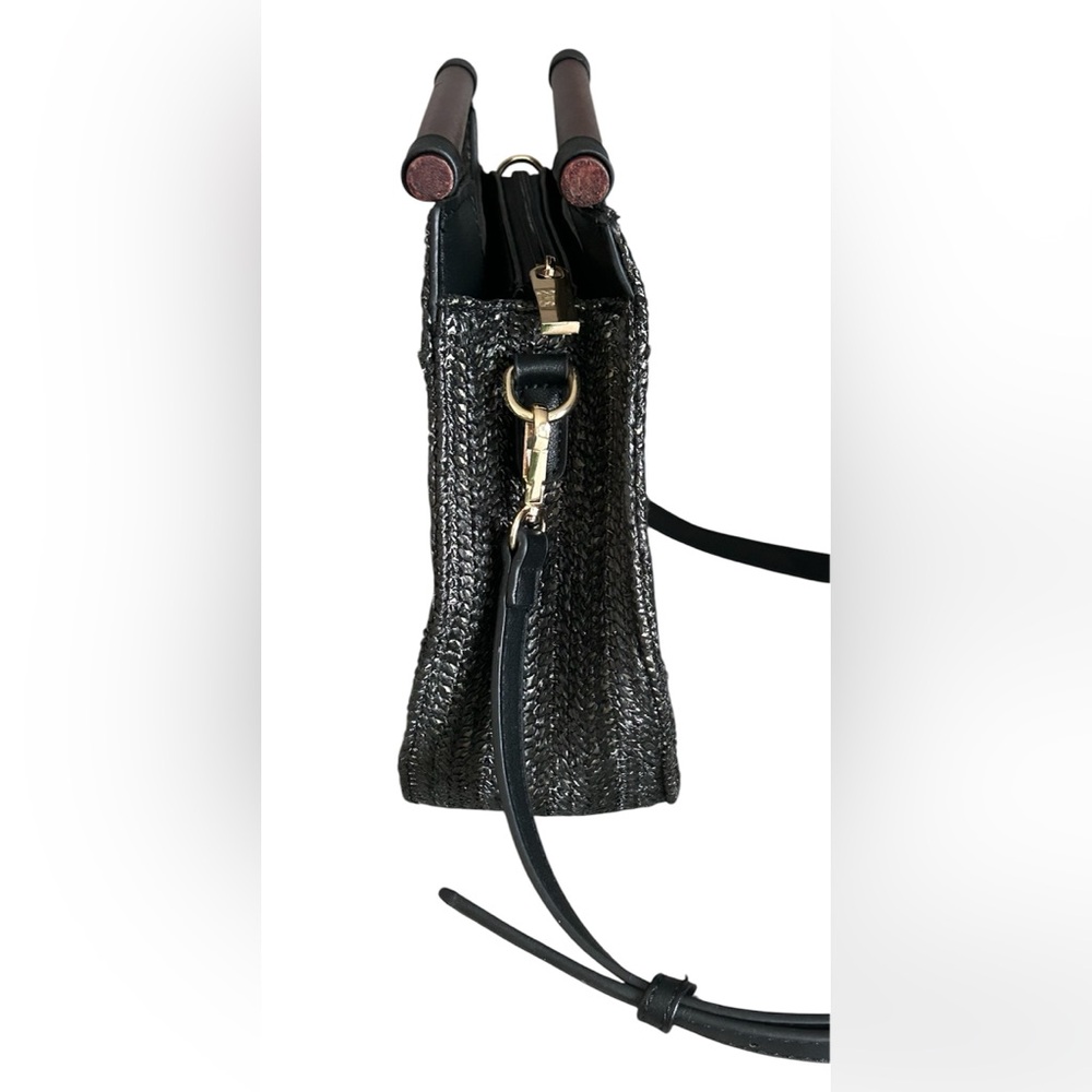 Handbag Republic Black Vegan Woven  Crossbody Removeable Strap Wood  Handles - Picture 3 of 9